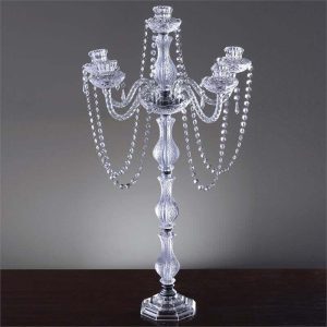 4-Arm Crystal Chandelier Candelabra 35" Silver - Metal Taper Candlestick Holder Table Centerpiece for Events